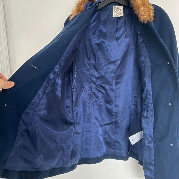 Tulle Anthropologie Wool Brown Faux Fur Trim Hood Long Blue Coat Size Medium - Picture 4 of 12